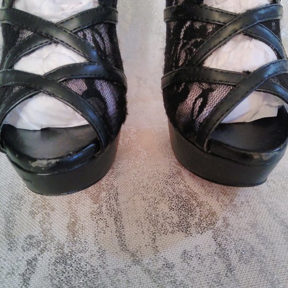 PAPER FOX 6.5 BLACK SHEER LACE & SOLID ANKLE BOOTIE PLATFORM HEELS holiday party - Picture 10 of 13